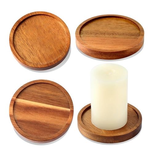 Wooden Pillar Candle Holder Tray Set