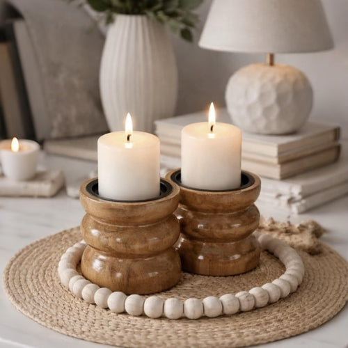Wooden Pillar Candle Holder Set of 2